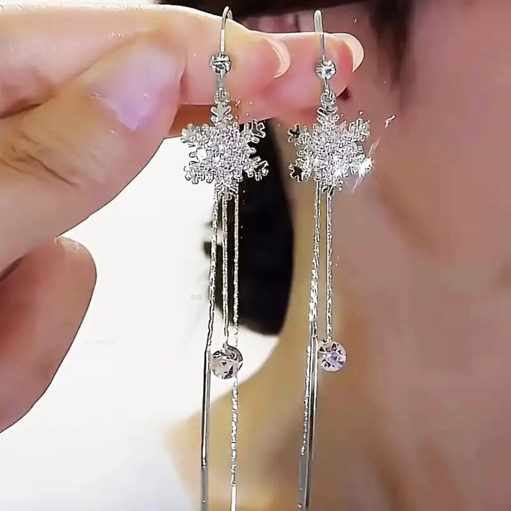 Snowflake Earrings Rhinestone Dangle Silver Sparkle Ornaments Tassel Drop Winter